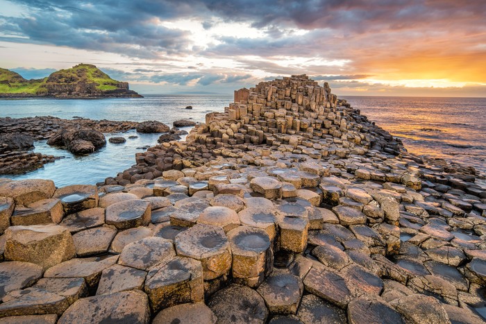 Sun setting over the famous Giants Causeway, Northern Ireland.