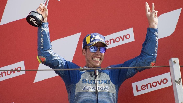 MISANO ADRIATICO, ITALY - SEPTEMBER 13: Joan Mir of Spain and Team Suzuki ECSTAR celebrates the third place on the podium at the end of the MotoGP race during the MotoGP Of San Marino - Race at Misano World Circuit on September 13, 2020 in Misano Adriatico, Italy. (Photo by Mirco Lazzari gp/Getty Images)