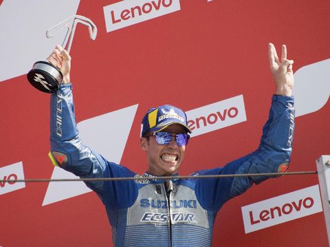 MISANO ADRIATICO, ITALY - SEPTEMBER 13: Joan Mir of Spain and Team Suzuki ECSTAR celebrates the third place on the podium at the end of the MotoGP race during the MotoGP Of San Marino - Race at Misano World Circuit on September 13, 2020 in Misano Adriatico, Italy. (Photo by Mirco Lazzari gp/Getty Images)