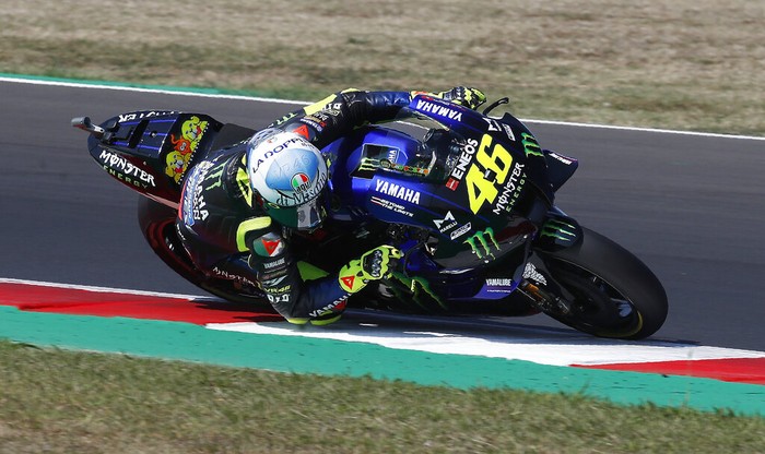 MotoGP rider Valentino Rossi of Italy takes a curve during the San Marino Motorcycle Grand Prix at the Misano circuit in Misano Adriatico, Italy, Sunday, Sept. 13, 2020. (AP Photo/Antonio Calanni)