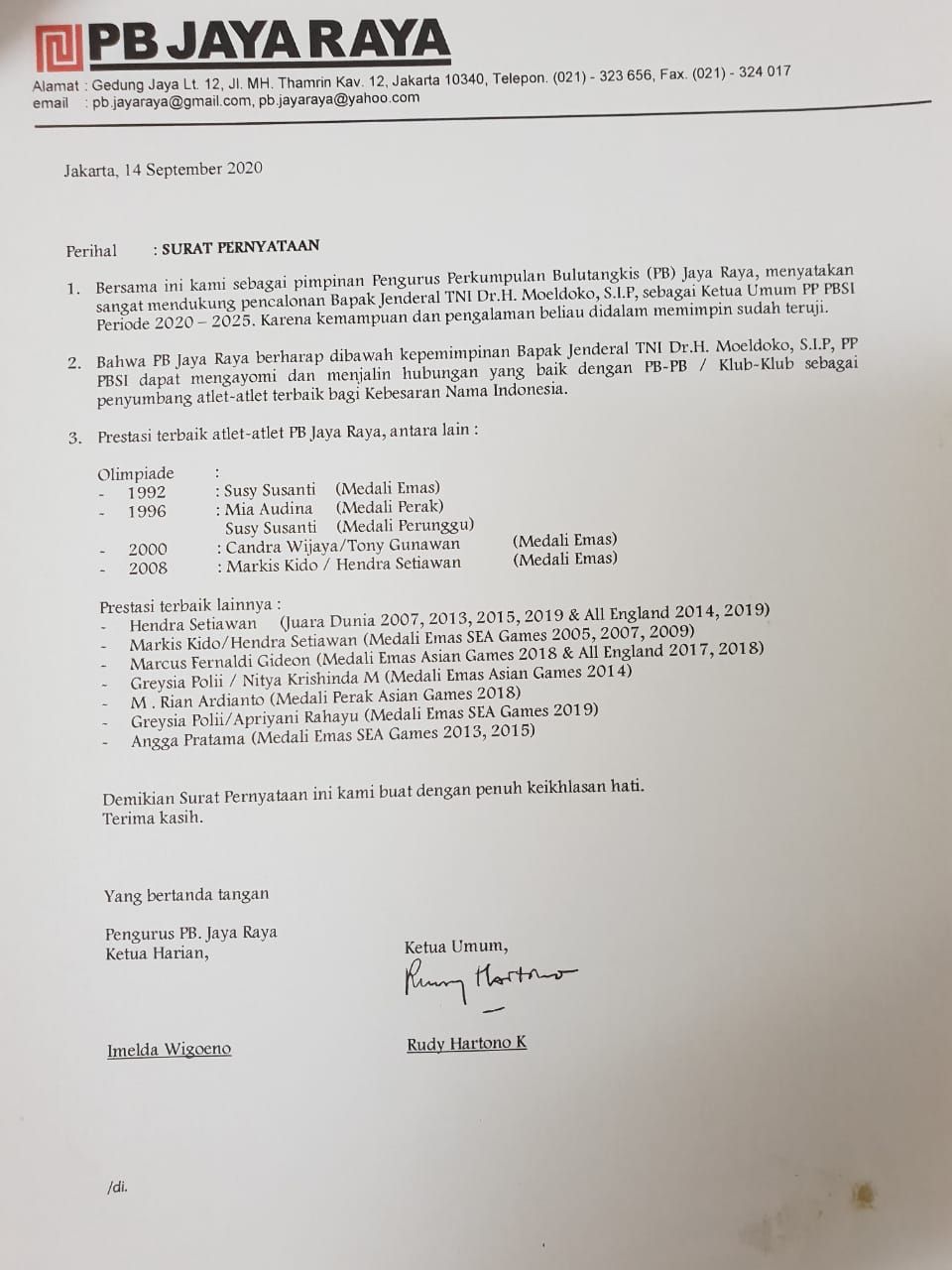 PB Jaya Raya dukung Moeldoko jadi Ketum PBSi 2020-202