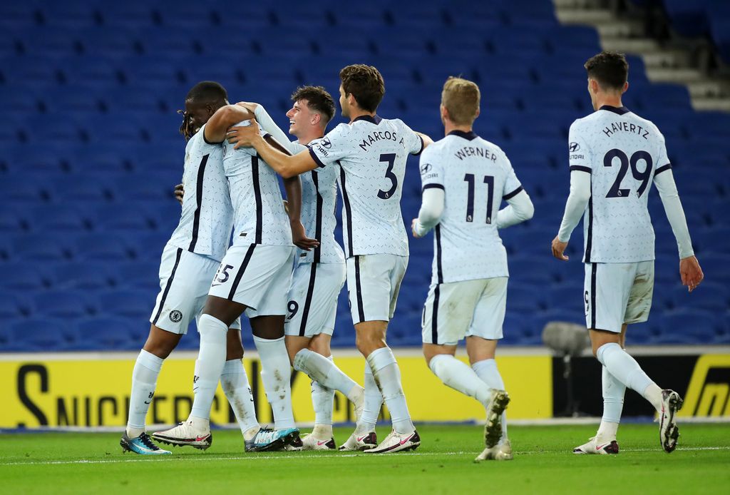 BRIGHTON, ENGLAND - SEPTEMBER 14: Kurt Zouma celebrates with teammates after scoring his sides third goal during the Premier League match between Brighton & Hove Albion and Chelsea at American Express Community Stadium on September 14, 2020 in Brighton, England. (Photo by Peter Cziborra/Pool via Getty Images)