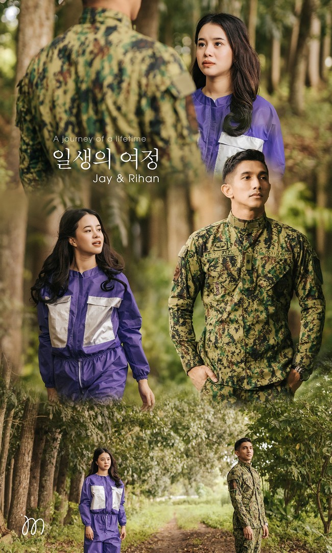 Jay yang anggota kepolisian itu tampil dengan seragam tentara sehingga serupa dengan penampilan Hyun Bin yang berperan sebagai tentara Korea Utara bernama Kapten Ri Jeong Hyeok. Sedangkan Rihan bergaya bak Son Ye Jin yang dalam Crash Landing On You berperan sebagai Yoon Se Ri. Foto: Dok. Facebook James Montano Photography