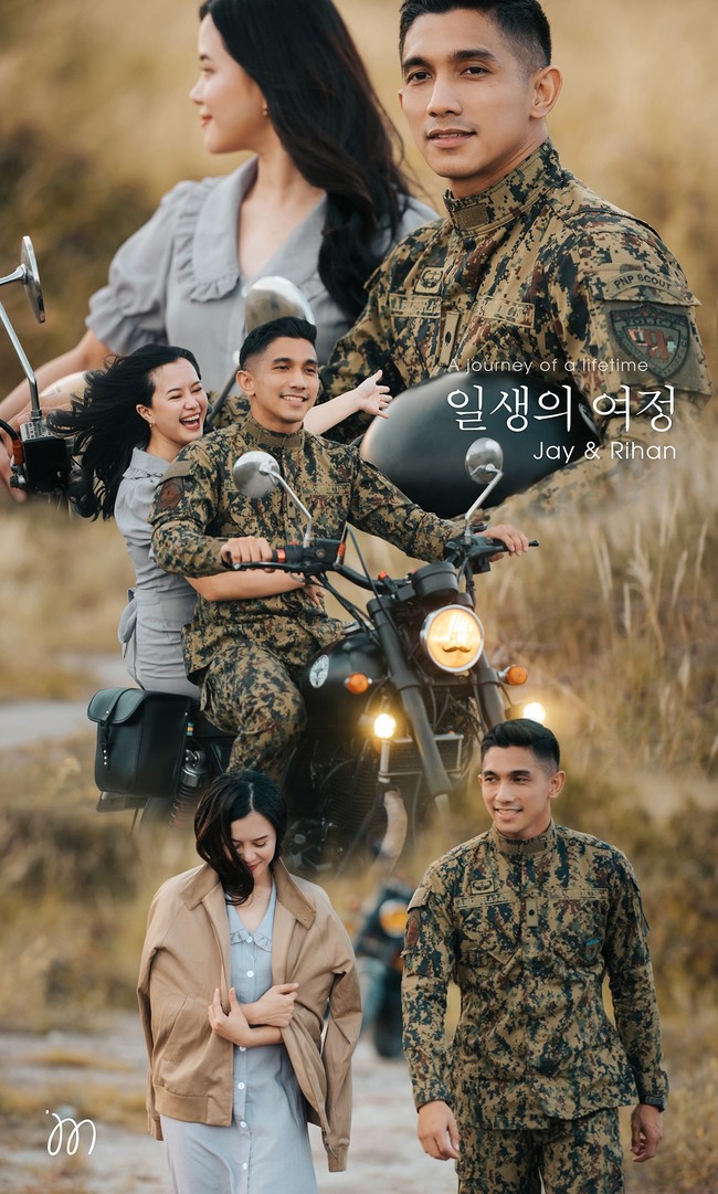 Momen Kapten Ri Jeong Hyeok dan Yoon Se Ri berboncengan naik motor dalam Crash Landing On You juga ditiru Rihan dan Jay dengan sedikit improvisasi. Rihan dan Jay tampil lebih ceria di momen berboncengan naik motor ini. Foto: Dok. Facebook James Montano Photography