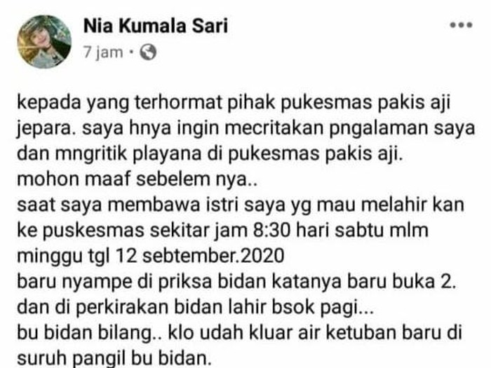 Tangkapan layar viral ibu melahirkan sendiri di Puskesmas Jepara