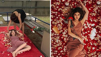 Siapkan kain dan bunga, lalu di potret dari atas. Foto: Bored Panda