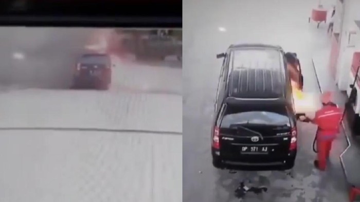Sebuah mobil terbakar saat isi bensin di SPBU Diponegoro, Palu, Sulawesi Selatan. Mulanya, muncul letupan dari dalam mobil hingga akhirnya terbakar.