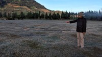 Suhu di dataran tinggi Dieng kembali membeku pagi ini. Suhu turun sampai minus 5 derajat Celsius.