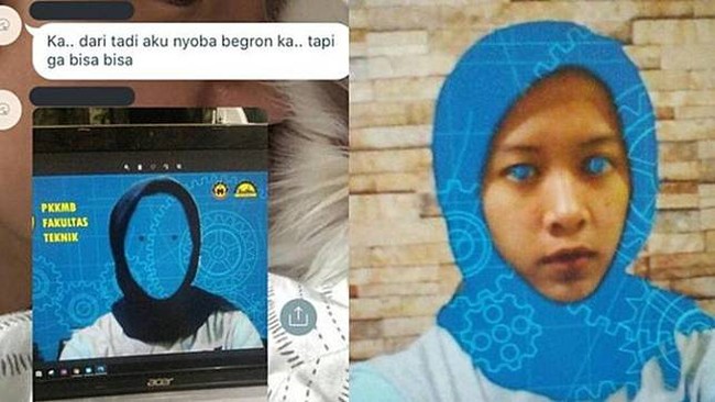 Namanya juga teknologi, terkadang suka error. Seperti yang satu ini. Niatnya mengganti latar belakang fotonya, tetapi malah wajah dan kerudungnya yang berganti. Foto: Twitter/artvinery