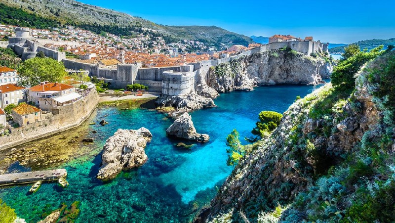 Aerial panoramic view at famous european travel destination, Dubrovnik cityscape on Adriatic Coast, Croatia.