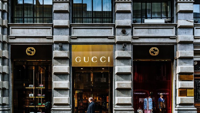 Milan, Italy - February 17, 2017: Gucci shop in an exclusive area of Milan. Symbol and concept of luxury, shopping, wealth, elegance and made in Italy