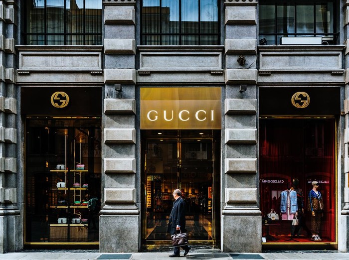 gucci Milan, Italy - February 17, 2017: Gucci shop in an exclusive area of Milan. Symbol and concept of luxury, shopping, wealth, elegance and made in Italy