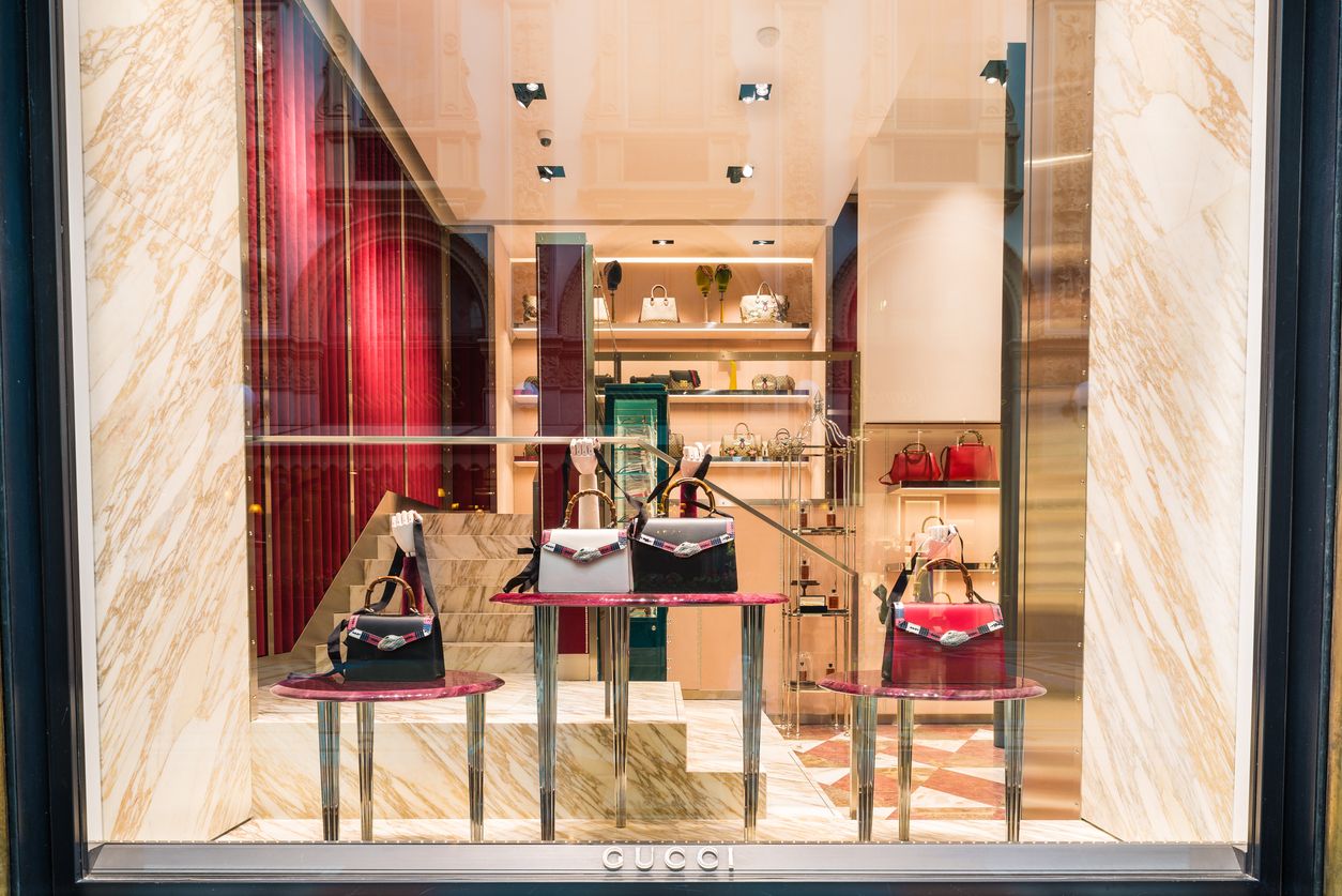 gucci Milan, Italy - February 17, 2017: Gucci shop in an exclusive area of Milan. Symbol and concept of luxury, shopping, wealth, elegance and made in Italy