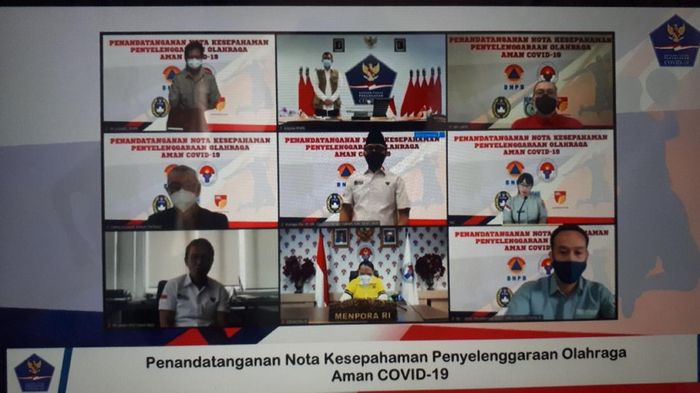 Menpora, PSSI, Perbasi, BNPB Penandatangan nota kesepahaman dan perjanjian kerja sama dalam penyelenggaraan olahraga yang aman dari COVID-19. Melibatkan Menpora Zainudin Amali, Kepala BNPB Doni Monardo, Ketua Umum PSSI Mochamad Iriawan, Ketua PB Perbasi Danny Kosasih, dan Direktur Utama IBL Junas Miradiarsyah, dan