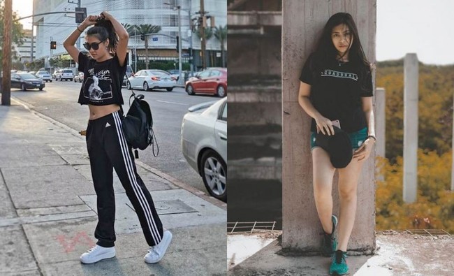 Untuk gaya casual boyish style, Theresa memilih megenakan celana training dan crop top berwarna hitam dengan dipadukan sneakers berwarna putih. Sedangkan Resiah memilih t-shirt dan celana jeans pendek yang kemudian dipadukan dengan sneakers. Foto: Instagram/@theresawienathan l Instagram/@resiahlim