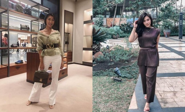 Untuk gaya casualnya, Theresa lebih memilih syle glamour, sedangkan Resiah tampil lebih simpel dengan pakaian berwarna senada. Foto: Instagram/@theresawienathan l Instagram/@resiahlim