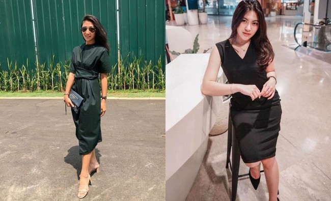 Sama-sama mengenakan dress, tetapi keduanya memiliki pilihannya masing-masing. Theresa memilih dress berwarna hijau yang dipadukan dengan heels berwarna nude dan clutch. Sedangkan Resiah tetap dengan gaya simplenya, dengan mengenakan dress berwarna hitam dan heels senada. Foto: Instagram/@theresawienathan l Instagram/@resiahlim