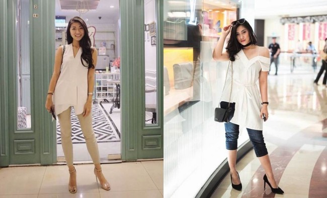 Sama-sama mengenakan atasan berwarna putih, gaya keduanya tidak kalah keren. Theresa memilih untuk memadukan atasan putihnya dengan legging dan heels, sedangkan Resiah memadukan atasan putihnya dengan celana jeans dan heels. Foto: Instagram/@theresawienathan l Instagram/@resiahlim