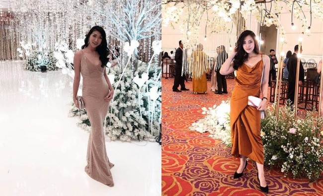 Untuk ke acara pernikahan, keduanya memiliki selera yang hampir mirip. Dalam foto ini baik Theresa maupun Resiah terlihat sama-sama mengenakan dress tanpa lengan sambil membawa clutch. Foto: Instagram/@theresawienathan l Instagram/@resiahlim