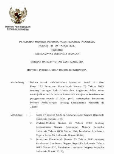 Hal 2, Peraturan Menteri Perhubungan No PM 59 Tahun 2020 Tentang Keselamatan Sepeda Hal 2, Peraturan Menteri Perhubungan No PM 59 Tahun 2020 Tentang Keselamatan Sepeda