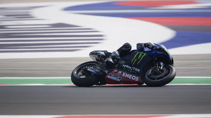 MISANO ADRIATICO, ITALY - SEPTEMBER 15:   Maverick Vinales of Spain and Monster Energy Yamaha MotoGP Team  rounds the bend during the MotoGP Of Tests In Misano at Misano World Circuit on September 15, 2020 in Misano Adriatico, Italy. (Photo by Mirco Lazzari gp/Getty Images)