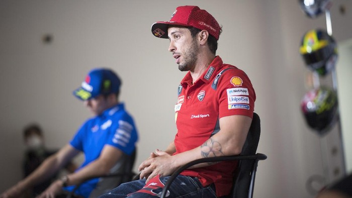 MISANO ADRIATICO, ITALY - SEPTEMBER 17: Andrea Dovizioso of Italy and Ducati Team  speaks during the press conference pre - event during the MotoGP Of San Marino - Previews at Misano World Circuit on September 17, 2020 in Misano Adriatico, Italy. (Photo by Mirco Lazzari gp/Getty Images)