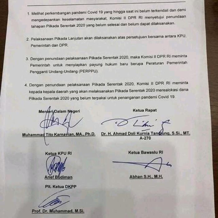 Beredar surat berisi informasi penundaan Pilkada Serentak 2020. Komisi II DPR menegaskan informasi tersebut tidak benar dan pilkada tetap akan berlangsung pada 9 Desember mendatang.