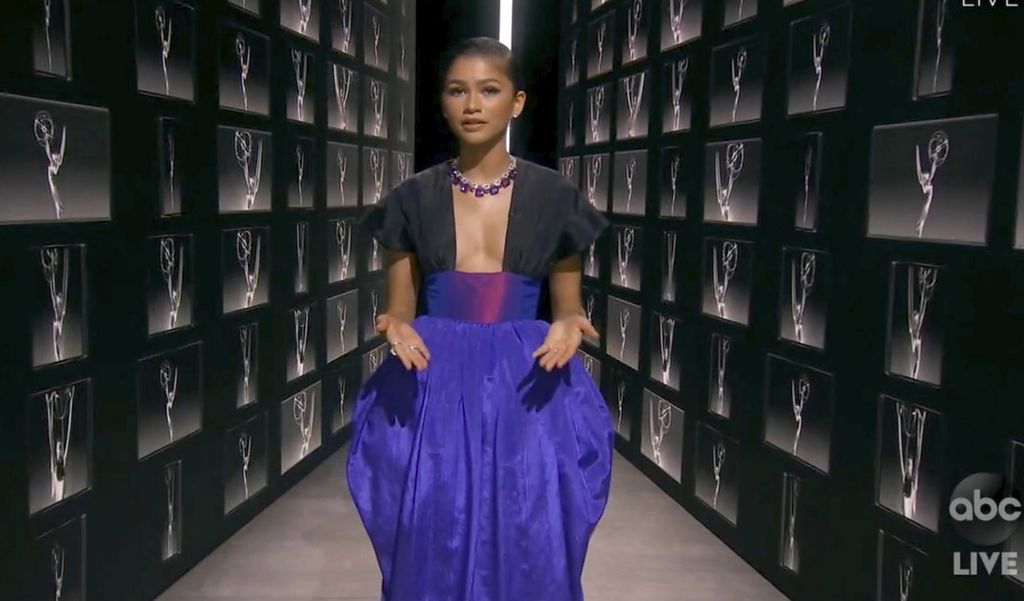 In this video grab captured on Sept. 20, 2020, courtesy of the Academy of Television Arts & Sciences and ABC Entertainment, Zendaya accepts the award for outstanding lead actress in a drama series for 