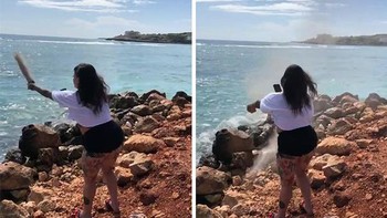 Niat hati menaburkan abu ke laut, karena fokus bikin konten, abunya malah tertiup ke wajah. Foto: influencersinthewild via boredpanda