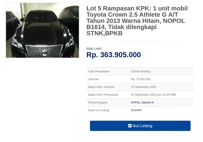 Toyota Crown rampasan KPK dilelang Rp 300 jutaan.