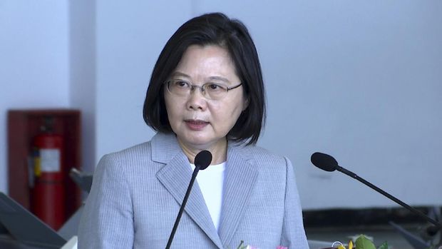 Taiwan President Tsai Ing-wen speaks during a visit to the Penghu Magong military air base in outlying Penghu Island, Taiwan Tuesday, Sept. 22, 2020. Tsai visited the military base on one of Taiwan’s outlying islands Tuesday in a display of resolve following a recent show of force by rival China. (AP Photo/Johnson Lai)