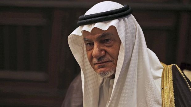 FILE - In this Saturday Nov. 24, 2018, file photo, Saudi Prince Turki al-Faisal talks to the Associated Press in Abu Dhabi, United Arab Emirates. Saudi Arabia insists officially that there can be no formal ties with Israel before Palestinian statehood is achieved, but state-backed media and clerics have softened their tone toward Jews and there has been no official condemnation or criticism of the deals signed by the UAE or Bahrain with Israel. (AP Photo/Kamran Jebreili, File)