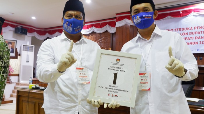Pasangan calon Bupati dan Wakil Bupati Rembang, Harno - Bayu Andriyanto mendapatkan nomor urut 1 pada Pilkada Rembang 9 Desember 2020 mendatang.