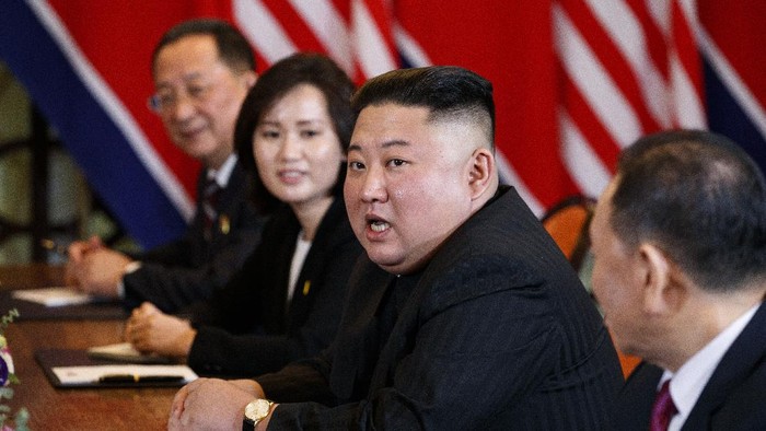 FILE - In this Feb. 28, 2019 file photo, North Korean leader Kim Jong Un answers a question from reporters during a meeting with President Donald Trump in Hanoi. One important thing the North gets from the United Nations is a direct point of contact with the 192 other member nations, including a host of countries that would be loath to send their diplomats to pay homage in Pyongyang, pre-eminent among them, the United States. (AP Photo/ Evan Vucci, File)