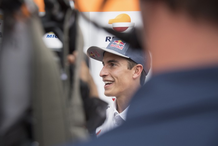 BARCELONA, SPAIN - SEPTEMBER 24: Marc Marquez of Spain and Repsol Honda Honda speaks with journalists in paddock during the MotoGP of Catalunya: Previews at Circuit de Barcelona-Catalunya on September 24, 2020 in Barcelona, Spain. (Photo by Mirco Lazzari gp/Getty Images)
