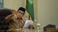 Menteri Agama (Menag) Fachrul Razi saat memberikan keterangan pada wartawan terkait kinerja Kementerian Agama. Jakarta, 18 Februari 2020. Menag Fachrul Razi kini dinyatakan positif COVID-19. CNN Indonesia/Adhi Wicaksono  