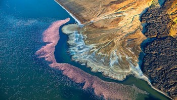 Runner Up kategori Nature diriah Martin Harvey yang menampilkan flamingo di danau Logipi. Foto: Drone Photo Awards