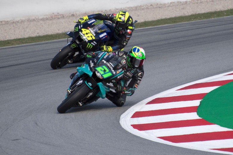 Franco Morbidelli (front) and Valentino Rossi BARCELONA, SPAIN - SEPTEMBER 25: Franco Morbidelli of Italy and Petronas Yamaha SRT leads Valentino Rossi of Italy and Monster Energy Yamaha MotoGP Team during the free practice of the MotoGP of Catalunya at Circuit de Barcelona-Catalunya on September 25, 2020 in Barcelona, Spain. (Photo by Mirco Lazzari gp/Getty Images)
