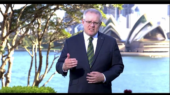 RETRANSMISSION TO CORRECT DATE - In this photo made from UNTV video, Scott Morrison, Prime Minister of Australia, speaks in a pre-recorded message which was played during the 75th session of the United Nations General Assembly, Friday, Sept. 25, 2020, at UN Headquarters. (UNTV Via AP )