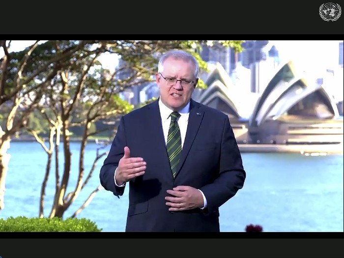 RETRANSMISSION TO CORRECT DATE - In this photo made from UNTV video, Scott Morrison, Prime Minister of Australia, speaks in a pre-recorded message which was played during the 75th session of the United Nations General Assembly, Friday, Sept. 25, 2020, at UN Headquarters. (UNTV Via AP )