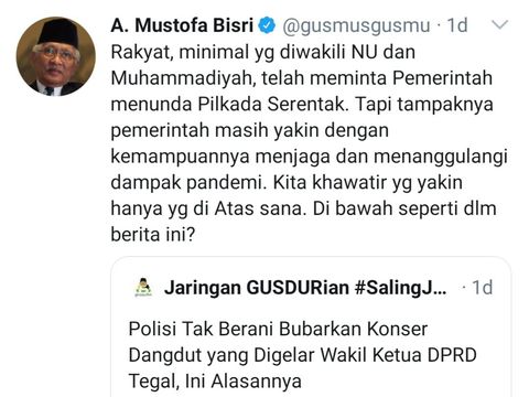 Tangkapan layar akun Twitter KH Ahmad Mustofa Bisri @gusmusgusmu, Jumat (25/9/2020).