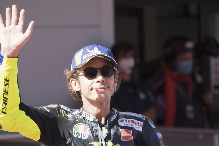 BARCELONA, SPAIN - SEPTEMBER 26: Valentino Rossi of Italy and Monster Energy Yamaha MotoGP Team celebrates the third place at the end of the MotoGP qualifying practice during qualifying for the MotoGP of Catalunya at Circuit de Barcelona-Catalunya on September 26, 2020 in Barcelona, Spain. (Photo by Mirco Lazzari gp/Getty Images)