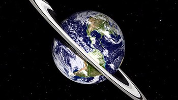Seniman Ron Miller menciptakan beberapa ilustrasi yang menggambarkan pemandangan Bumi jika dikelilingi cincin seperti Planet Saturnus. Cincin ini idealnya berada di ekuator planet, jadi penampilannya berbeda tergantung variasi garis lintang. Foto: Ron Miller