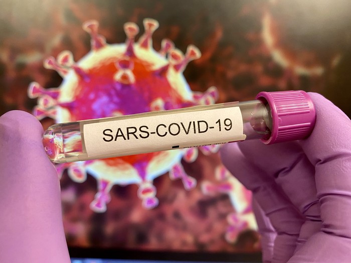 Sars-CoV-19 test tube in purple protective glove, virus illustration on computer screen in background