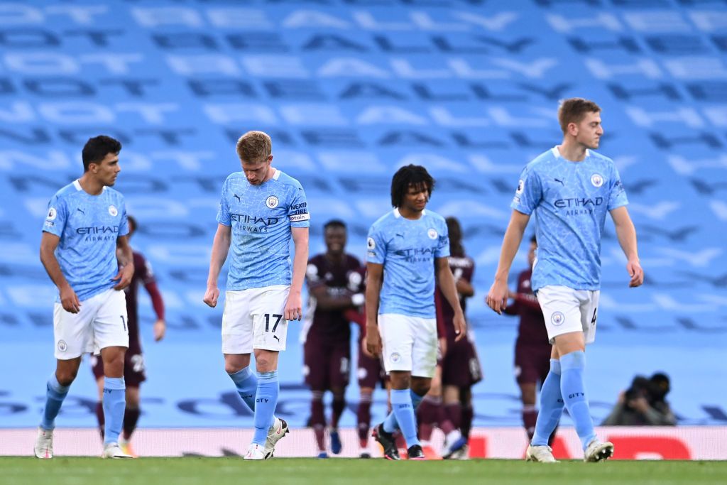 Manchester City Vs Leicester City MANCHESTER, ENGLAND - SEPTEMBER 27: Rodrigo of Manchester City looks dejected during the Premier League match between Manchester City and Leicester City at Etihad Stadium on September 27, 2020 in Manchester, England. Sporting stadiums around the UK remain under strict restrictions due to the Coronavirus Pandemic as Government social distancing laws prohibit fans inside venues resulting in games being played behind closed doors. (Photo by Catherine Ivill/Getty Images)