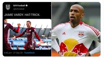 Vardy masih trengginas di umur 33 tahun, dibandingkan Thierry Henry yang sudah turun jauh performanya sehingga berlaga di Liga Amerika Serikat. Foto: Twitter