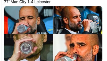 Minum air untuk meredakan stress banyak dilakukan Guardiola. Foto: Twitter