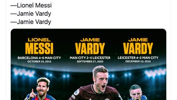 Adapun Jamie Vardy menjadi bintang kemenangan Leicester dengan mencetak 3 gol, prestasi yang sebelumnya pernah ia lakukan saat melawan City. Foto: Twitter