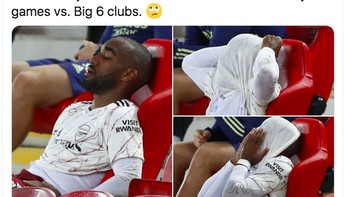 Andrea Lacazette tercenung dengan captin Arsenal hanya 2ali menang dalam 40 pertandingan away terakhir melawan tim big 6. Foto: istimewa