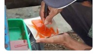 Seniman kuliner banyak juga lho, salah satunya abang penjual agar-agar ini. Ia bisa membuat berbagai bentuk hewan, bunga ataupun robot hanya dengan mengandalkan pisau kecil. Jajanan ini biasanya ada di depan sekolah SD.  Foto: twitter @bacotanmika